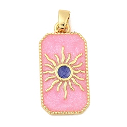 Pink Латунь эмаль подвески, прямоугольник с солнцем, стойки покрытие, долговечный, без кадмия и без свинца, золотые, розовые, 27.5x14x2.5 мм, отверстие : 3.5x5.5 мм
