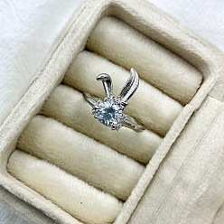 Clear Brass Micro Pave Cubic Zirconia Finger Rings for Women, Rabbit, Platinum, Clear, 15~20mm
