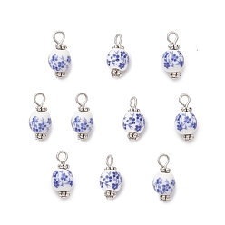 Античный Серебристый & Платиновый 10 шт. фарфоровых подвесок ручной работы с цветочным принтом, круглые, с тибетском стиле сплава, старинное серебро и платина, 16x8 мм, отверстие : 2.5 мм