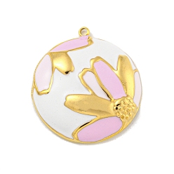 Бледно-Розовый Ионное покрытие (ip) 304 подвески из нержавеющей стали, с эмалью, реальный 18 k позолоченный, полукруглый с цветочной подвеской, розовый жемчуг, 26.5x24x5.5 мм, отверстие : 1.5 мм