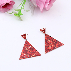 Red Glitter Acrylic Triangle Dangle Stud Earrings for Party, Red, 10mm