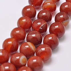 Orange Red Natural Striped Agate/Banded Agate Bead Strands, Dyed & Heated, Round, Grade A, Orange Red, 10mm, Hole: 1mm, about 39pcs/strand, 15.2 inch(387mm)
