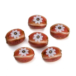 Rouge Orange Perles de porcelaine à la main imprimés, ovale avec des fleurs, rouge-orange, 13~13.5x9x8.5~9mm, Trou: 2.5mm