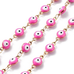Ярко-Розовый 304 цепи из нержавеющей стали ссылка, со смолой, эмалью и катушкой, несварные, реальный 18 k позолоченный, глаз, ионное покрытие (ip), ярко-розовый, 11x6x4 мм, около 32.81 футов (10 м) / рулон
