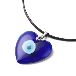 Heart Blue Lampwork Evil Eye Pendant Necklace with Waxed Cord for Women, Heart Pattern, Pendant: 40x35x7mm, 17.64~17.72 inch(44.8~45cm)