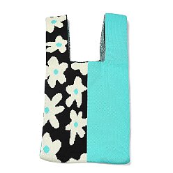 Fleur Mini sacs fourre-tout en tricot de polyester, sac fourre-tout au crochet sac à lunch, fleur, 34x19.5x2.1 cm