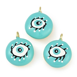 Бледно-бирюзовый Стойки обшивки латунные подвески, с эмалью, без свинца и без кадмия, реальный 18 k позолоченный, плоский круглый с оберегом от сглаза, бледные бирюзовая, 19x15x8 мм, отверстие : 1.8 мм