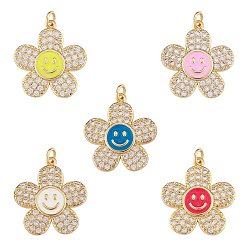 Real 18K Gold Plated 5Pcs 5 Colors Brass Micro Pave Clear Cubic Zirconia Pendants, with Enamel and Jump Rings, Long-Lasting Plated, Flower with Smiling Face, Real 18K Gold Plated, 24x22x3mm, Hole: 3mm, 1pc/color