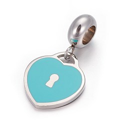 Turquoise 304 Stainless Steel European Dangle Charms, with Enamel, Large Hole Pendants, Heart Lock, Stainless Steel Color, Turquoise, 24.5mm, Hole: 4.5mm, Pendant: 15x13.5x1.3mm