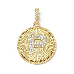 Letter P Латунные микропаве прозрачные подвески с фианитом, плоский круглый с подвесками в виде букв, без свинца и без кадмия, долговечный, стойки покрытие, реальный 18 k позолоченный, Письмо P, 24.5x21.5x2.5 мм, отверстие : 4.5x3.5 мм