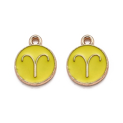 Aries Alloy Enamel Pendants, Flat Round with Constellation/Zodiac Sign, Golden, Aries, Yellow, 15x12x2mm, Hole: 1.5mm