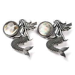 Saddle Brown Dual-use Items Alloy Mermaid Brooch, with Natural Black Lip Shell, Antique Silver, Saddle Brown, 42x37x7mm, Hole: 8x3mm