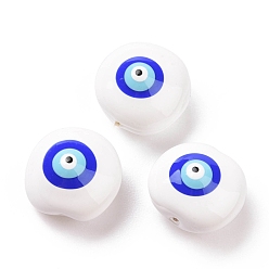 White Enamel Beads, with ABS Plastic Imitation Pearl Inside, Flat Round with Evil Eye, White, 13.5x13x9mm, Hole: 1mm