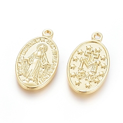 Real 18K Gold Plated Brass Pendants, Long-Lasting Plated, Miraculous Medal, Oval with Virgin Mary, Real 18K Gold Plated, 20.5x11.5x2mm, Hole: 1.4mm