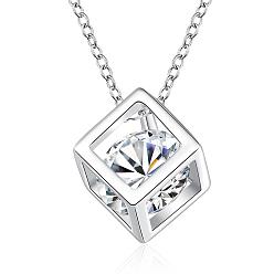 Silver Silver Color Plated Brass Cubic Zirconia Cube Pendant Necklace, with Cable Chains, 18 inch