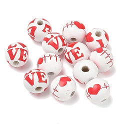 White Wood European Beads, Round with Word Love, Large Hole Beads, White, 16x15mm, Hole: 4mm