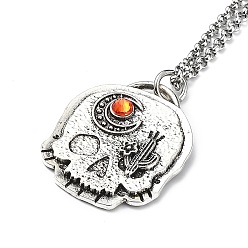 Cactus Skull Rhinestone Pendant Necklaces with Rolo Chains, Alloy Jewelry for Men Women, Cactus, 27.17 inch(69cm)