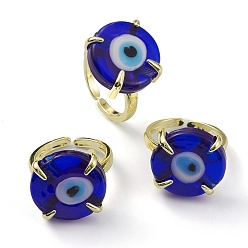 Medium Blue Lampwork Evil Eye Open Cuff Ring, Light Gold Brass Lucky Jewelry for Women, Lead Free & Cadmium Free, Medium Blue, US Size 6 1/4(16.7mm)