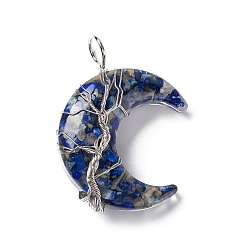 Lapis Lazuli Natural Dyed Lapis Lazuli Chips & Transparent Resin Big Pendants, Moon Charms, with Platinum Tone Brass Wire Wrapped, Cadmium Free & Lead Free, 52~53x36~37x14~16mm, Hole: 8mm