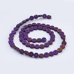 Purple Plated Electroplate Non-magnetic Synthetic Hematite Beads Strands, Frosted, Flat Round with Flower, Purple Plated, 6x2mm, Hole: 1mm, about 66pcs/strand, 15.9 inch(40.5cm)