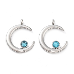 Indicolite 304 Stainless Steel Pendants, with Rhinestone, Stainless Steel Color, Double Horn/Crescent Moon Charm, Indicolite, 18x15x2.5mm, Hole: 1.8mm