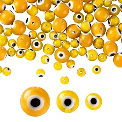 Amarillo 3 hebras 3 estilo hecho a mano de murano de ojo malvado hebras de cuentas redondas, amarillo, 6~10 mm, agujero: 1 mm, sobre 39~65 unidades / cadena, 14.17~14.96 pulgada (36~38 cm), 1 hebra / estilo