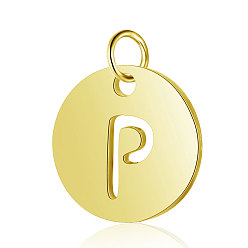 Letter P 304 Stainless Steel Charms, Flat Round with Letter, Golden, Letter.P, 12x1mm, Hole: 2.5mm