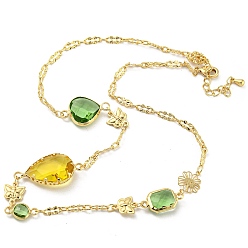 Golden Faceted Heart & Teardrop & Square Glass Beads Bib Necklaces, Brass Chain Neckalces , Golden, 16.14 inch(41cm)
