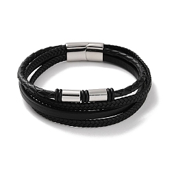 Stainless Steel Color Men's Braided Black PU Leather Cord Multi-Strand Bracelets, Column 304 Stainless Steel Link Bracelets with Magnetic Clasps, Stainless Steel Color, 8-3/4 inch(22.1cm)