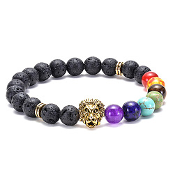 Lion-Ancient Gold Lava Volcano Stone Leopard Lion Owl Bracelet with Seven Chakra Stones and Natural Buddha Head Beads