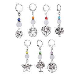 Mixed Color Tibetan Style Alloy Pendant Decorations, with Bicone Glass Beads and 304 Stainless Steel Leverback Earring Findings, Star/Heart/Flat Round with Tree of Life, Mixed Color, 46~56mm, 7pcs/set