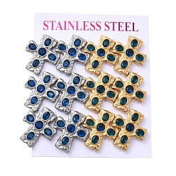 Морской Синий 6 пары 304 серьги-гвоздики с крестом из нержавеющей стали с кубическим цирконием, вакуумное покрытие pvd, золотые и нержавеющая сталь цвет, Marine Blue, 21x18 мм