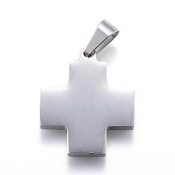 Stainless Steel Color 304 Stainless Steel Pendants, with 201 Stainless Steel Snap on Bails, Cross, Stainless Steel Color, 29x25x3.5mm, Hole: 5.5x10mm