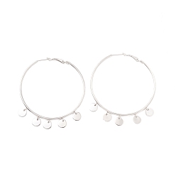Platinum 304 Stainless Steel Hoop Earrings, with Round Pendants, for Women, Platinum, 70x60x2mm, Pin: 0.8mm