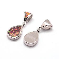 Platinum Brass Charms, with Synthetic Opal, teardrop, Tomato, Platinum, 15.5x9x2.5mm, Hole: 3mm