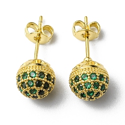 Emerald Rhinestone Disco Ball Stud Earrings, Real 18K Gold Plated Brass Jewelry for Women, Lead Free & Cadmium Free, Emerald, 19~20x8mm, Pin: 0.7mm