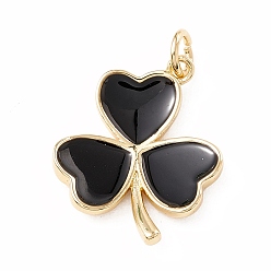 Black Brass Enamel Pendants, with Jump Rings, Real 18K Gold Plated, Cadmium Free & Lead Free, Long-Lasting Plated, Clover, Black, 18x14x3mm, Hole: 3mm