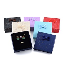 Mixed Color Cardboard Jewelry Set Box, for Necklaces, Ring, Earring, with Bowknot Ribbon Outside and Black Sponge Inside, Square, Mixed Color, 9x9x3.7cm