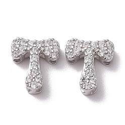 Letter T 925 Sterling Silver Micro Pave Cubic Zirconia Beads, Real Platinum Plated, Letter T, 9x8x3.5mm, Hole: 2.5x1.5mm