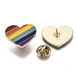 Colorful Alloy Brooches, Enamel Pin, with Brass Butterfly Clutches, Rainbow Heart, Light Gold, Colorful, 20x25x2mm, Pin: 1mm