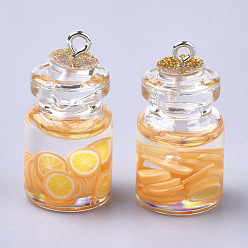 Gold Glass Bottle Pendants, with Resin & Polymer Clay & Iron Findings, Orange, Platinum, Gold, 28~29x15mm, Hole: 2mm