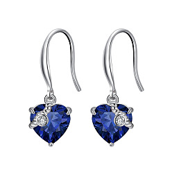 Dark Blue Cubic Zirconia Heart Dangle Earrings, Real Platinum Plated Rhodium Plated 925 Sterling Silver Earrings for Women, Dark Blue, 26mm