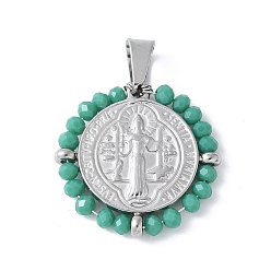 Зеленый 304 подвески из нержавеющей стали, со стеклянными бусинами, плоский круглый с шалфеем, цвет нержавеющей стали, зелёные, 27.5x28x3.5 мм, отверстие : 8x4 мм