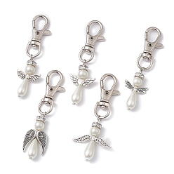 Antique Silver Angel Alloy & Glass Pearl Beads Pendants Decorations, with Alloy Swivel Lobster Claw Clasps, Antique Silver, 70~72mm