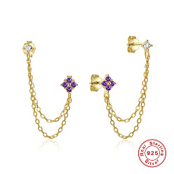 Golden-Purple Diamond Chic S925 Sterling Silver Chain Tassel Earrings for Trendy Girls
