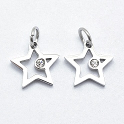 Stainless Steel Color 316 Surgical Stainless Steel Pendants, with Cubic Zirconia, Long-Lasting Plated, Star, Clear, Stainless Steel Color, 11x11.5x2mm, Hole: 3mm