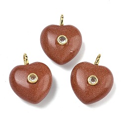 Камень с Пылевым Золотом Синтетические голдстоуновские подвески, подвески в форме сердца с латунной микропаве из прозрачных кубических цирконий, золотые, 25.5~26.5x20.5x12~13 мм, отверстие : 4.5 мм