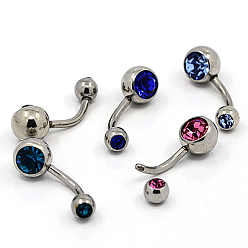 Mixed Color Fashionable 304 Stainless Steel Belly Rings, with Rhinestones, Mixed Color, 24x8mm, Pin: 1mm