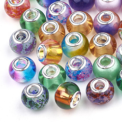 Mixed Color Glass European Beads, Large Hole Beads, with Silver Color Plated Brass Cores, Rondelle, Mixed Color, 13~15x9~12mm, Hole: 5mm, about 50pcs/bag