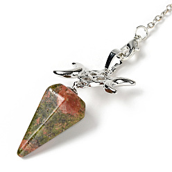 Unakite Gemstone Hexagonal Pointed Dowsing Pendulums, with Platinum Tone Brass Findings and Chains, Cadmium Free & Lead Free, Cone with Triple Moon, 230~250mm, pendant: 50~54x26x15~16.5mm, Hole: 1.8x2.2mm